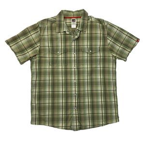 The North Face Shirt Mens L Large Green Cotton Snap Buttons Plaid Short Sleeve